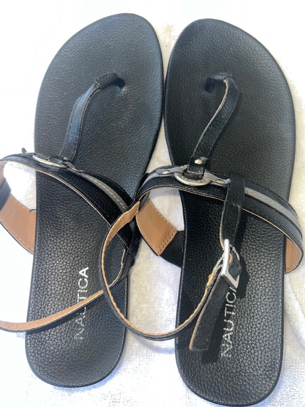 Nautica Black T-Strap Flat Sandals Size 8